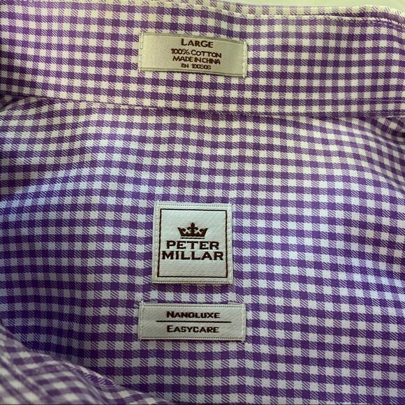 Peter Millar Nanoluxe Cotton Gingham Plaid Size L Purple Long Sleeve Button Down - Picture 3 of 7